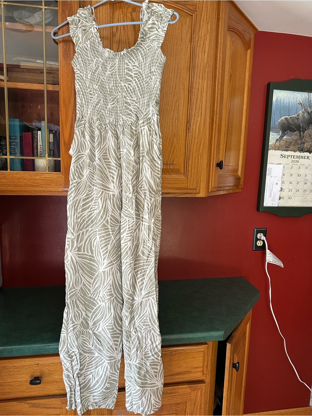 Jessica Simpson Sage and White Leaf-Print Smocked Maxi Dress